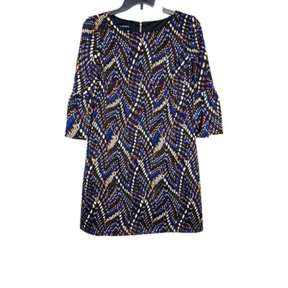I.N. Studio Womens SZ S Lined Dress Bell Sleeve Multicolor Black Print Short